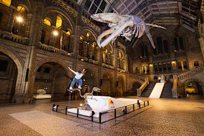 Lore Bruggeman springt in einem Museum per Ollie aus einer Rampe über das Skelett eines kleinen Raptor im Natural History Museum in London.
