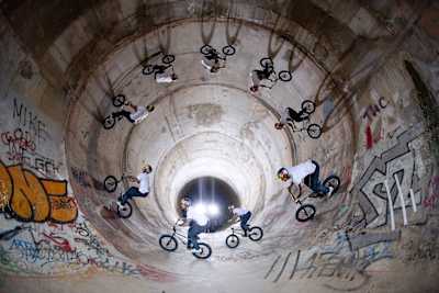 Giorgos Davoutian completing his Full Loop BMX project in Trikala, Greece. View of the inside of the pipe.
