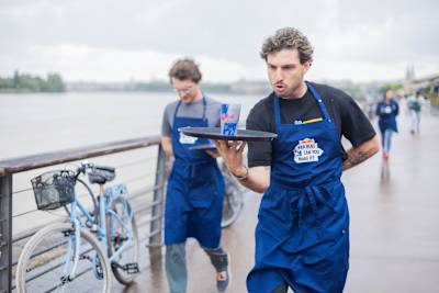 A member of the French team Tazmania takes part in the Coffee Boy race at a Red Bull Can You Make It? challenge in Bordeaux, France.