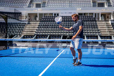 Commentator Sandy Farquharson seen on court during the Premier Padel Tour, Italy Major in Rome. 