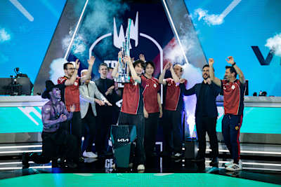 Karmine Corp pose next to the LEC trophy during the LEC Spring Finals 2026 at the Riot Games Arena in Berlin.