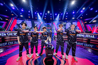 G2 Esports lift the LEC trophy following the LEC Spring Finals 2026 at the Riot Games Arena in Berlin. 