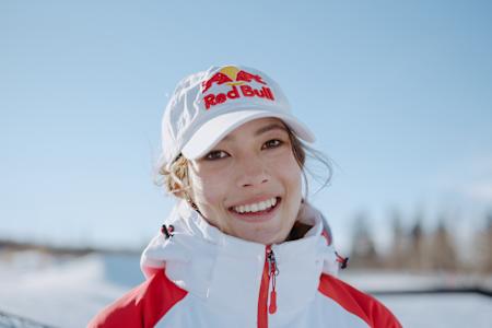 An image of freestyle skier Eileen Gu in Red Bull hat.