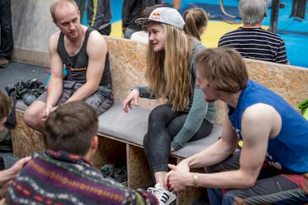 Shauna Coxsey is seen with climbing participants at the Climbing centre in Liverpool, United Kingdom on May 20, 2017.