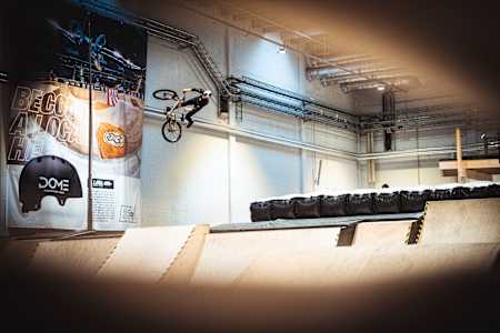 Emil Johansson practicing tricks into foam pit whilst filming for Swede Shreds season 2 in Dome Anreline Zone in Gävle, Sweden in July 2021