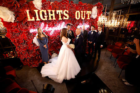 Jacques Villenueve marries Giulia Marra at the Wedding Chapel in the Paddock prior to practice ahead of the F1 Grand Prix of Las Vegas on November 16, 2023 in Las Vegas, Nevada.