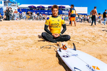 Jack Robinson prepares to surf a heat in Portugal.
