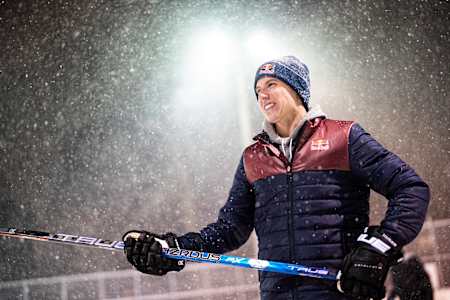 Mitch Marner on an outdoor rink at night during a snowstorm 