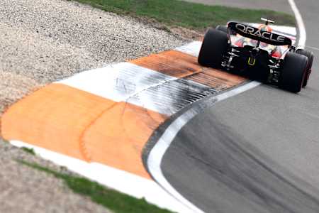 A Red Bull Racing car on track during the F1 Grand Prix of The Netherlands at Circuit Zandvoort on September 4, 2022 in Zandvoort, Netherlands.