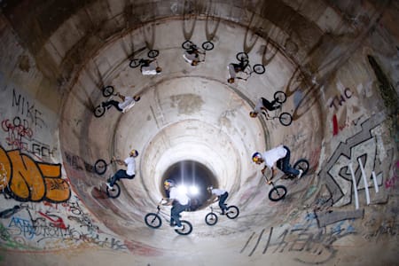 Giorgos Davoutian completing his Full Loop BMX project in Trikala, Greece. View of the inside of the pipe.