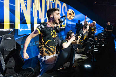 A photo of ENCE’s NertZ leaping out of his seat to celebrate victory at IEM Dallas.