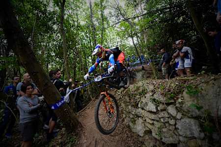 Mountain bike racer Greg Callaghan racing at the Enduro World Series.