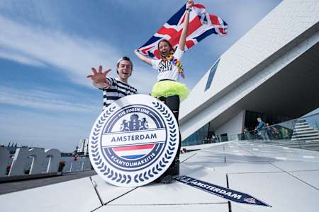 Team Toon Army of the UK pose for a portrait at the finish of the 2018 edition of Red Bull Can You Make It? in Amsterdam, The Netherlands on April 17, 2018.