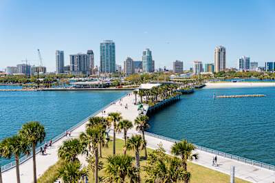 The waterfront of St. Petersburg, Florida, lined with tall buildings, offers divers an urban setting as a backdrop