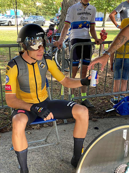 Wout van Aert prepares to take part in the time trial competition at the 2020 Belgian National Championships in Koksijde, Belgium.
