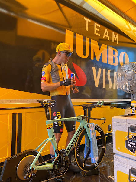 Wout van Aert prepares for the time trial competition at a Belgian Federation event in Koksijde, Belgium.