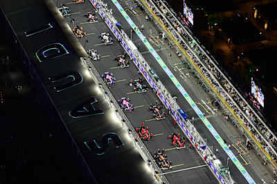 A view of the grid preparations showing pole position qualifier Sergio Pérez of Mexico at the F1 Grand Prix of Saudi Arabia at the Jeddah Corniche Circuit on March 27, 2022.