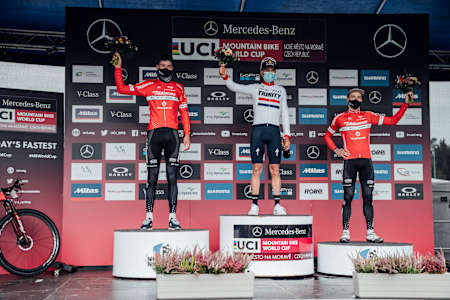 Thomas Pidcock, Alexandre Balmer and Vital Albin stand on the U23 Podium at UCI XCO in Nove Mesto na Morave, Czech Republic on October 1st, 2020.