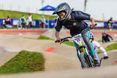 Khothalang Leuta and Payton Ridenour ride around the Velosolutions Pump Track in Lisbon, Portugal.