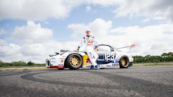 Mike Whiddett sat on the MADBUL –&nbsp;his treasured 600bhp Mazda RX7 at the Millbrook proving ground, close to Silverstone, July 5th 2023.