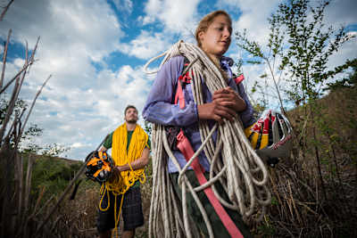 Felipe Camargo and Sasha DiGiulian approach Pedra Riscada in Sao Jose do Divino, Brazil on July 22, 2016.