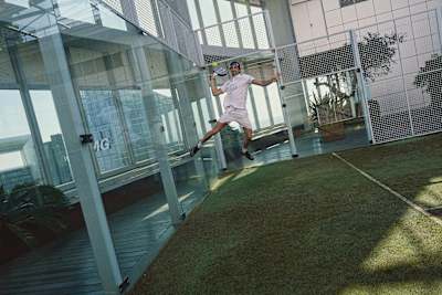 Juan Lebron plays padel in Madrid on April 5, 2021.