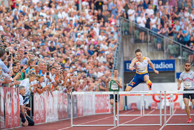 Karsten Warholm competes during Bislett Games in Oslo, Norway in 2023