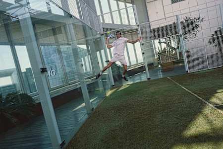 Juan Lebron plays padel in Madrid on April 5, 2021.