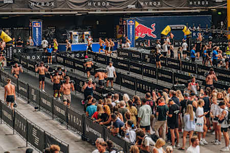 Participants of the pro men category perform at the HYROX World Championship in Nice, France, on June 8, 2024.