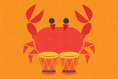 An illustration of a crab, the symbol of the Brazilian music genre manguebeat, playing drums.