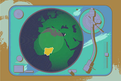 An illustration of a vinyl record on a turntable, with a map of Africa and the Middle East drawn on to the record.