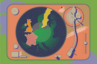 An illustration of a vinyl record on a turntable, with a map of Europe drawn on to the record.