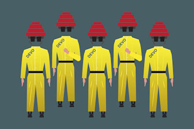 Los pioneros del post-punk de Ohio, Devo, tenían varios atuendos diferentes, pero el más conocido es su combinación de monos con sombreros que eran una maceta dada la vuelta.