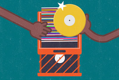 An illustration of a hands sifting through a crate of records and finding gold.