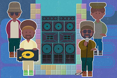 An illustration of speaker stacks arranged like Tetris, with soundsystem crew members in front.