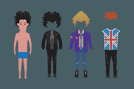 Inspired by the New York Dolls, Malcolm McLaren and Vivienne Westwood created their style for UK punks such as the Sex Pistols.