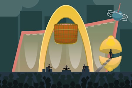 Un dibujo del escenario de U2 durante el tour PopMart de 1997-98, que se hizo famoso por tener un limón gigante.