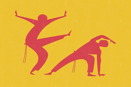 An illustration of two silhouettes practising the Afro-Brazilian martial art and dance, capoeira.