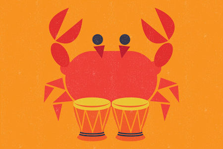 An illustration of a crab, the symbol of the Brazilian music genre manguebeat, playing drums.