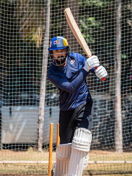 KL Rahul plays a shot during a training session.