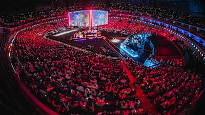 A view of the stage at League of Legends Worlds 2025 Knockout Stage on October 31, 2025 in Shanghai, China.