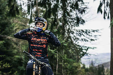 Gee Atherton performs in a forest in Dyfi Valley, Wales on January 12, 209.