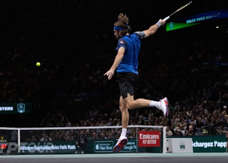 Stefanos Tsitsipas of Greece during Day Six of the Rolex Paris Masters ATP Masters 1000 at Palais Omnisports de Bercy on November 04, 2023 in Paris, France.