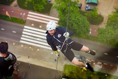 A Red Bull Can You Make It? team member takes a Checkpoint Challenge in Rotterdam, the Netherlands, on May 22, 2024.