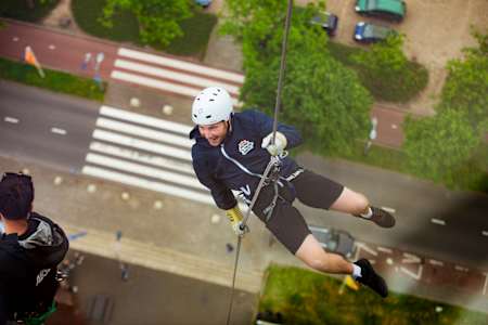 A Red Bull Can You Make It? team member takes a Checkpoint Challenge in Rotterdam, the Netherlands, on May 22, 2024.