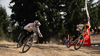 Harriet Burbidge-Smith and Louise Ferguson perform at Crankworx Whistler Dual Slalom in Whistler, Canada on July 27, 2023 