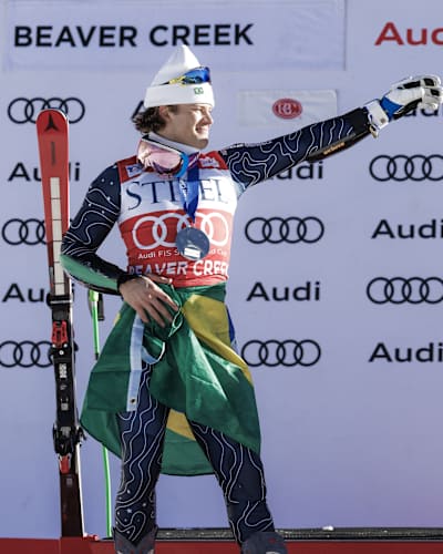 Lucas Pinheiro Braathen on the podium at the FIS Ski World Cup in Beaver Creek, USA.