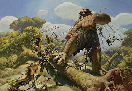 Einige Elfen fangen mit Seilen einen Riesen