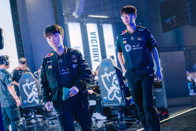  Keria (L) and Doran of T1 compete at League of Legends Worlds 2025 Play-In Stage on October 14, 2025 in Beijing, China.