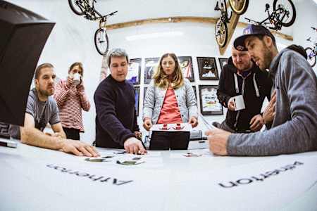The Atherton Bikes team during the design process of the Atherton Bikes DH prototype in the Dyfi in Wales on January 12, 2018.